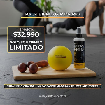 Pack Bienestar Diario = Spray Frio + Masajeador Madera + Pelota Antiestrés