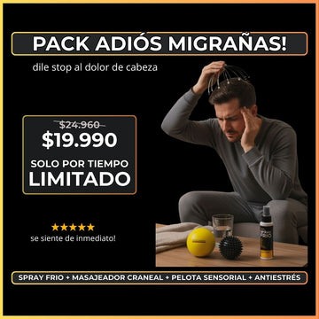 Pack Adiós Migrañas! = Spray Frio Aliviante + Masajeador Craneal + Pelota Sensorial + Pelota Antiestrés