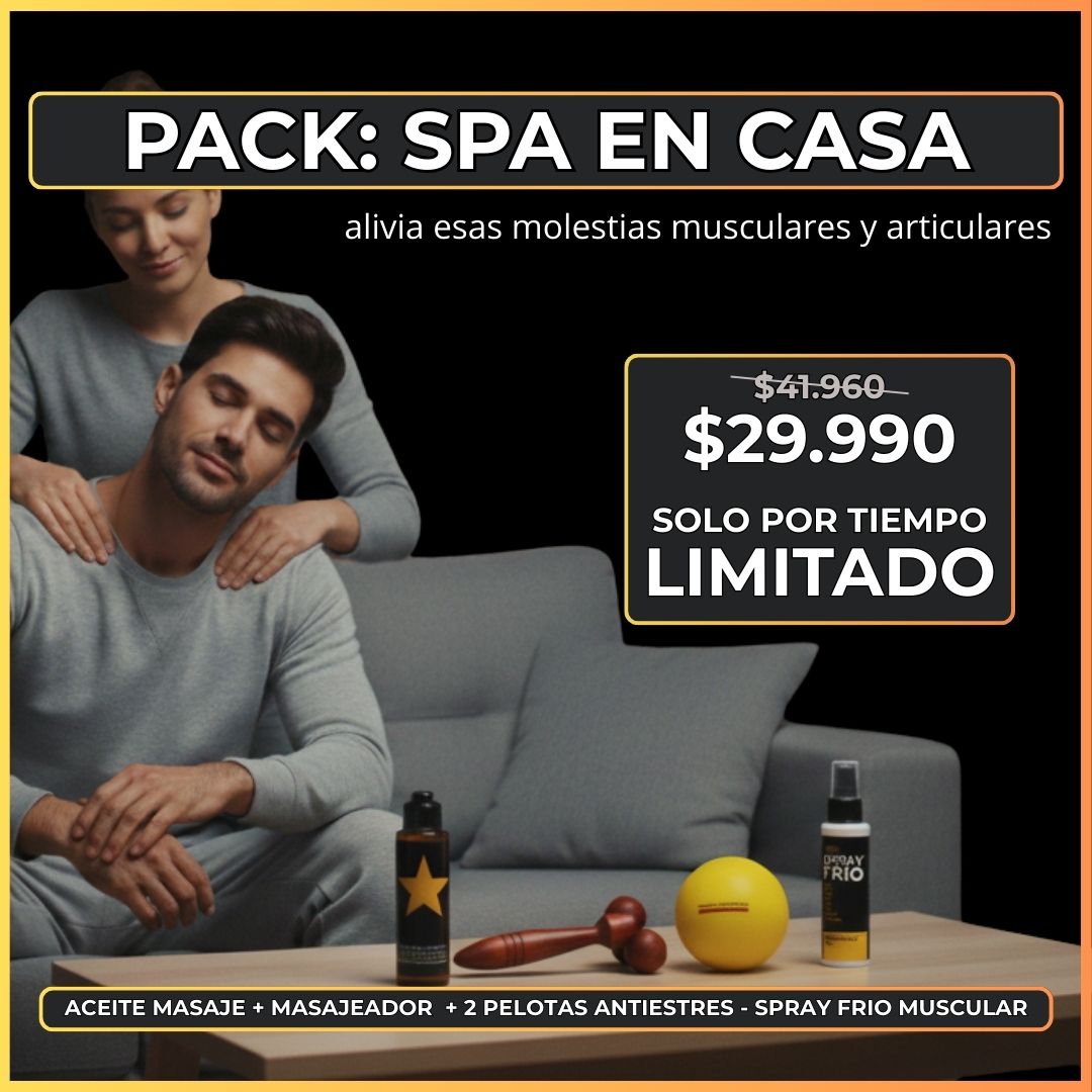 Pack Spa en Casa = Spray Frio 100ml + Aceite Lemongrass Árnica 100ml + Masajeador + Pelotas