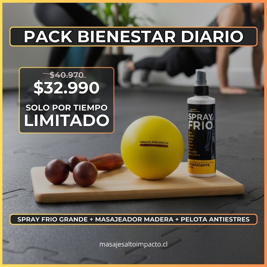 Pack Bienestar Diario = Spray Frio 250ml + Masajeador Madera + Pelota Antiestrés