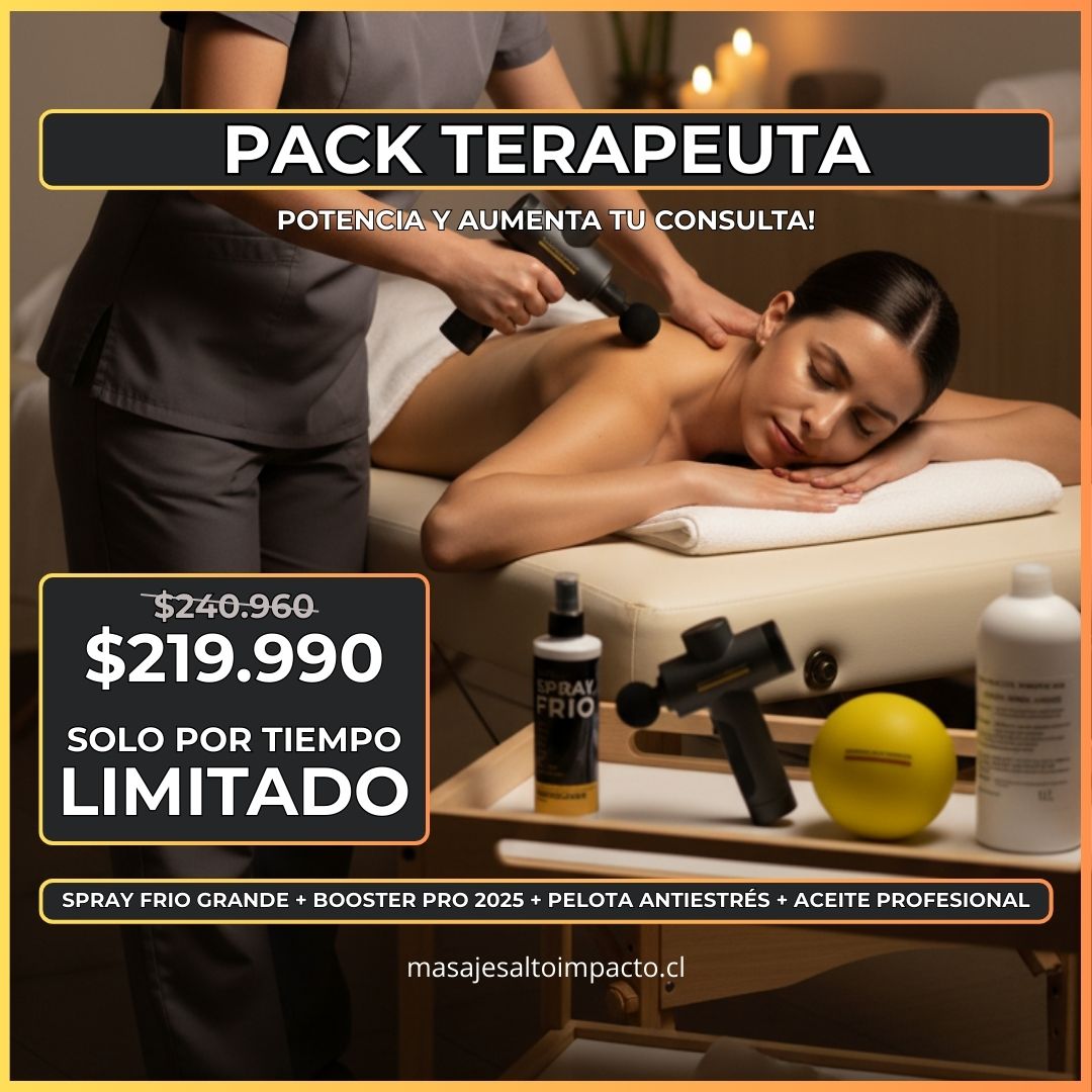 Pack Terapeuta = Booster Pro 2025 + Spray Frio 250ml + Aceite Profesional 1L + Pelota Antiestrés